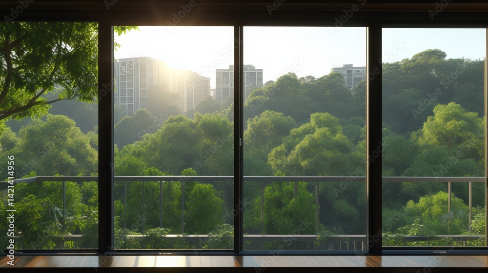Fototapeta premium Modern interior view showcasing green city skyline through large windows