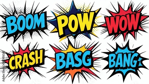 Comic Book Style Sound Effects Set Boom Pow Crash Wow Bang