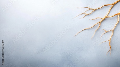 Golden branch adorns a textured blue gray wall providing elegant contrast.