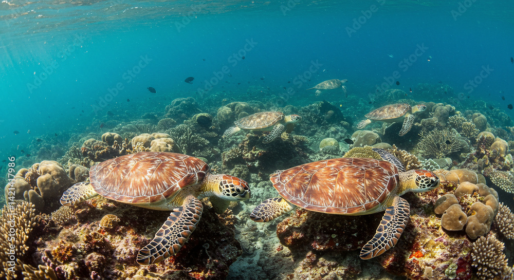 Fototapeta premium Sea Turtles Swimming in a Vibrant Coral Reef Underwater