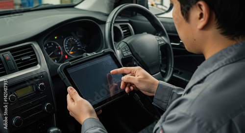 車の故障診断をしている整備士