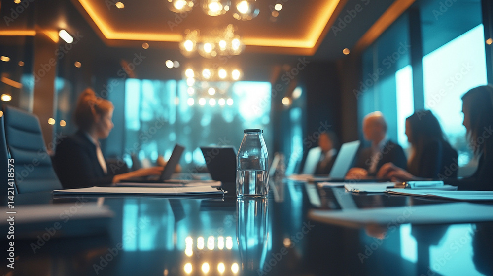 A close-up shot of a polished conference table A close-up shot of a polished conference table