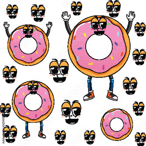 Four Cute Donuts Cartoon Character Collection Set, donut character set cartoon. face sweet, happy funny, graphic doodle donut character sign. isolated symbol vector illustration