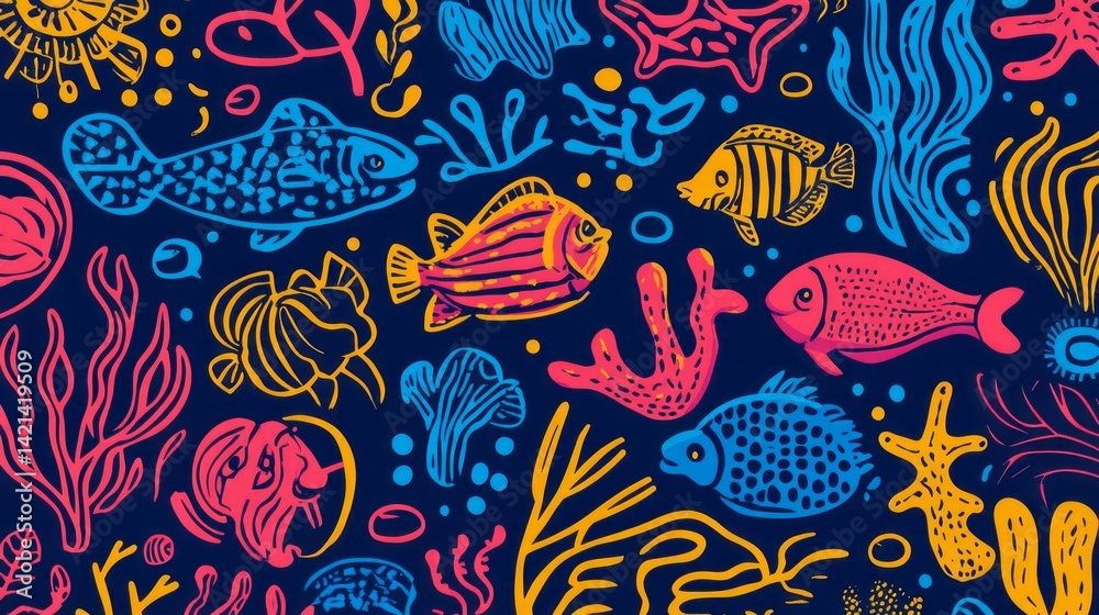 Fototapeta premium Colorful ocean illustration features fish coral and other marine life