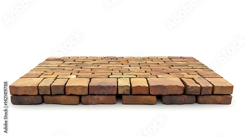 A platform constructed of orange and brown bricks on white surface
