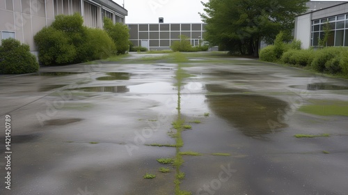 Abandoned industrial courtyard with overgrown greenery and wet surfaces