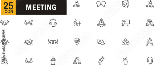 Meeting editable outline icon set. Communication, teamwork, collaboration, conference, presentation and more.