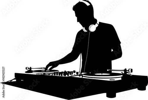 Silhouette of DJ mixing music on turntables. Clipart image isolated on background.
