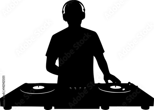 Silhouette of DJ mixing music on turntables. Clipart image isolated on background.
