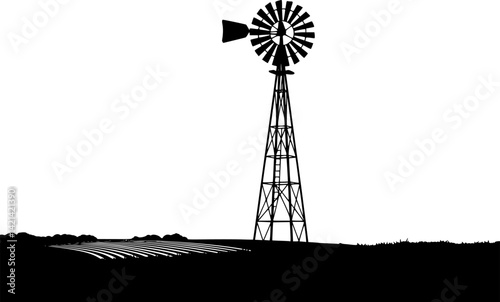 Windmill silhouette standing tall with its blades rotating, set against simple farm landscape. Clipart image isolated on white background

