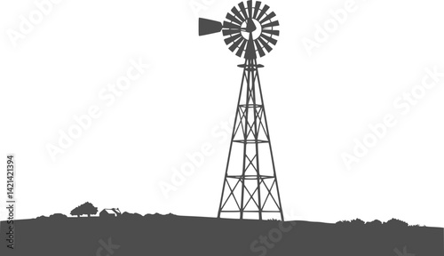 Windmill silhouette standing tall with its blades rotating, set against simple farm landscape. Clipart image isolated on white background
