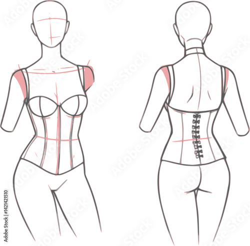Fashion figure ten heads design template croquis wearing bodice vector set