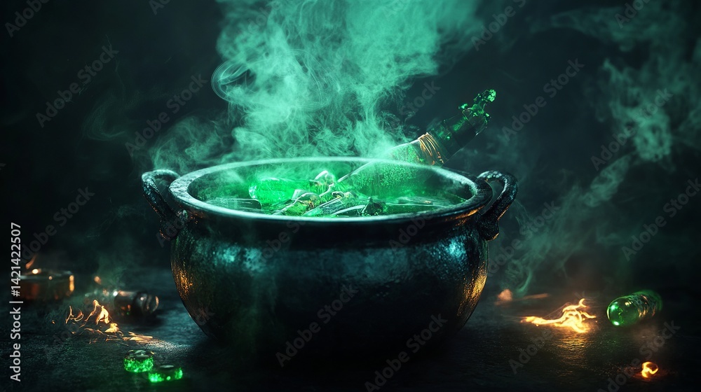 Mysterious green potion brewing in a dark cauldron with smoke magic night elixir bottle gothic occult Mysterious green potion brewing in a dark cauldron with smoke magic night elixir bottle gothic occult