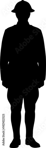 WW1 British soldier silhouette standing upright. Clipart image isolated on white background
