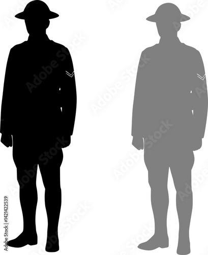 WW1 British soldier silhouette standing upright. Clipart image isolated on white background
