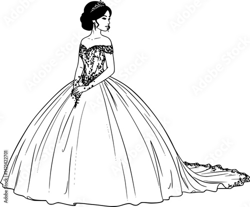 Young woman in formal quinceanera dress, standing gracefully silhouette. Clipart image isolated on white background
