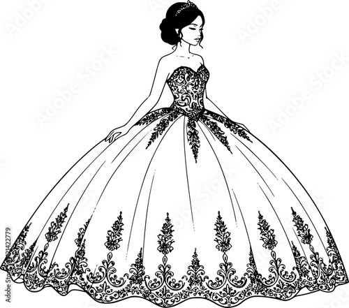 Young woman in formal quinceanera dress, standing gracefully silhouette. Clipart image isolated on white background
