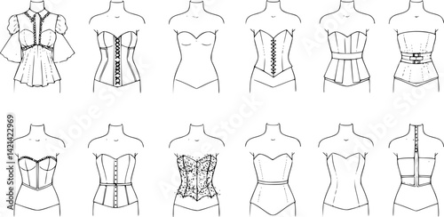 Fashion figure ten heads design template croquis wearing bodice
