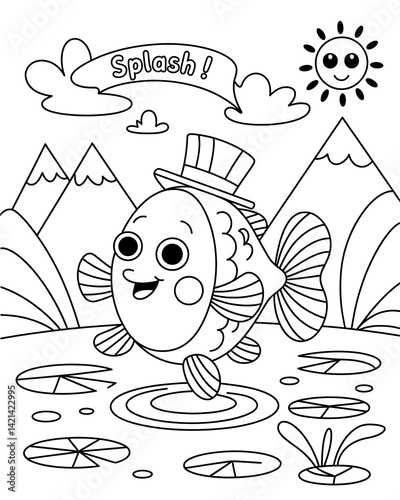 Cute Cartoon Fish with Patriotic Top Hat and American Flag Design in Cheerful Landscape for Coloring Book