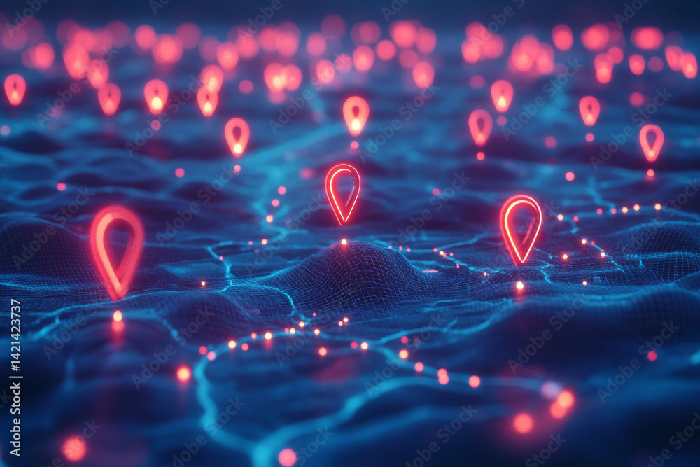 Glowing location markers on a digital landscape network map technology visualization Glowing location markers on a digital landscape network map technology visualization