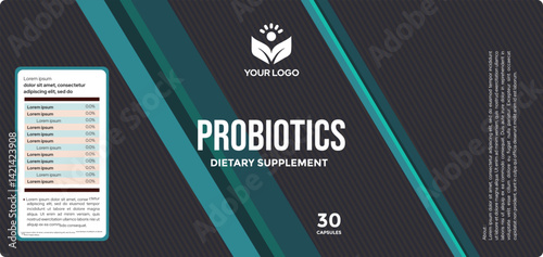 Probiotic label design, prebiotic dietary supplement label design, bottle modern packaging design for capsules pills, product label design creative healthy supplement label, editable illustration file