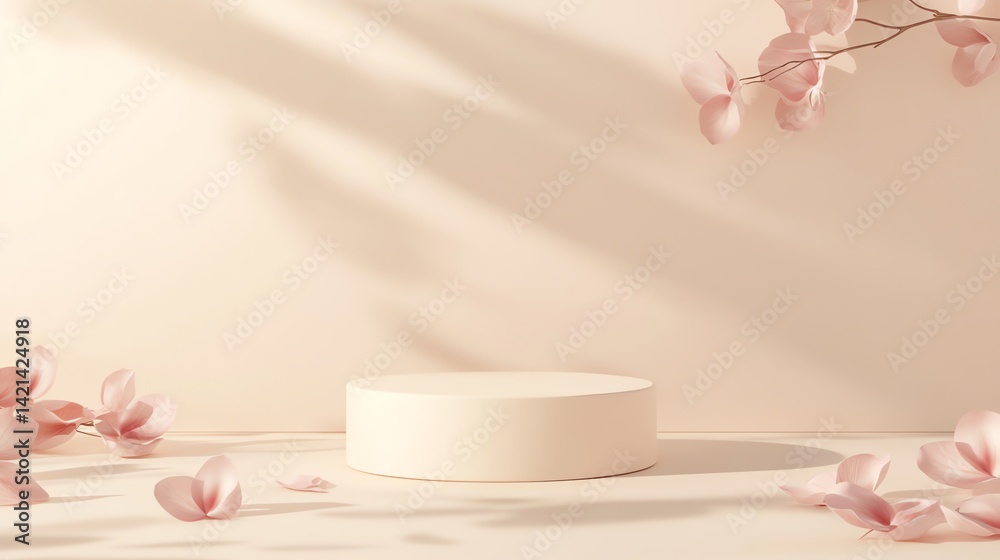 Elegant Product Display A Cylindrical Podium Adorned with Delicate Pink Petals and Soft Sunlight Shadows Elegant Product Display A Cylindrical Podium Adorned with Delicate Pink Petals and Soft Sunlight Shadows
