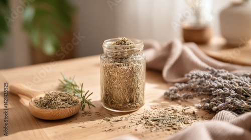 A herbal tea blend in a clear jar with scattered dried herbs, placed on a wooden tea table