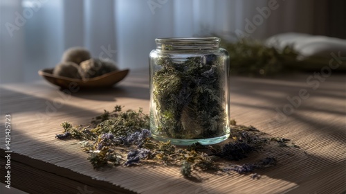 A herbal tea blend in a clear jar with scattered dried herbs, placed on a wooden tea table