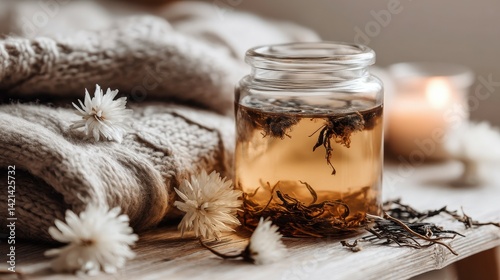 A herbal tea blend in a clear jar with scattered dried herbs, placed on a wooden tea table