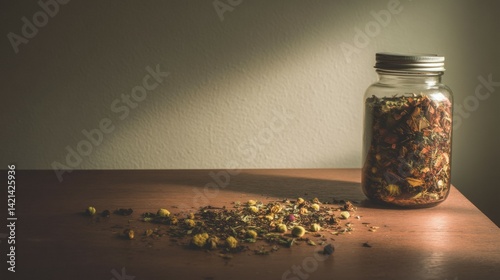 A herbal tea blend in a clear jar with scattered dried herbs, placed on a wooden tea table