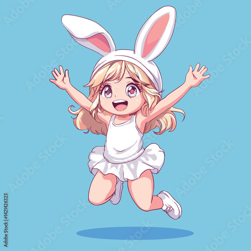 A little anime girl with rabbit ears jumps and laughs. Greeting vector card.
