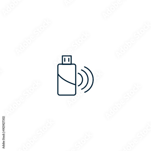 Minimal line icon of a USB wireless dongle emitting signal waves, representing WiFi adapters, portable data transfer devices, or plug-and-play internet connectivity tools. Ideal for use in technology 