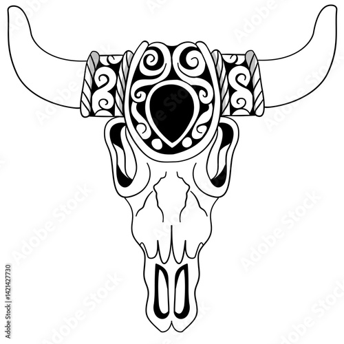 Geometric bull skull with tribal swirl patterns,Geometric bull skull with boho ornament and horn details, tribal line art design