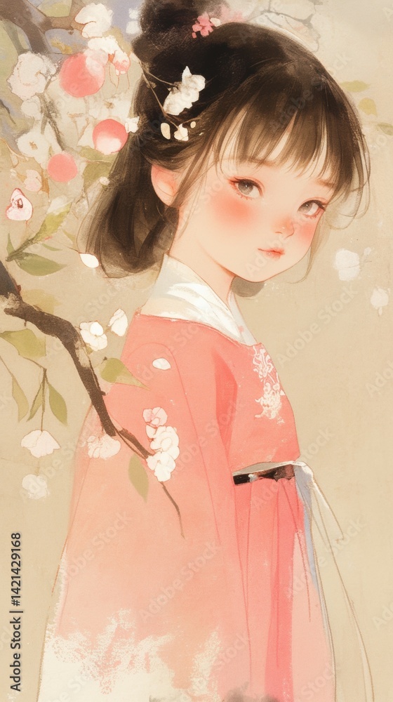 A young girl in traditional attire with cherry blossoms in the background A young girl in traditional attire with cherry blossoms in the background
