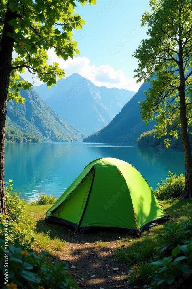 Spacious green canvas tent pitched near pristine lake, vibrant foliage , eco, nature Spacious green canvas tent pitched near pristine lake, vibrant foliage , eco, nature