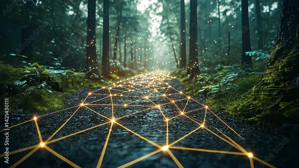 Glowing network in enchanted forest and fantasy background concept. A mystical forest path illuminated by glowing, interconnected light nodes, surrounded by lush greenery and tall trees