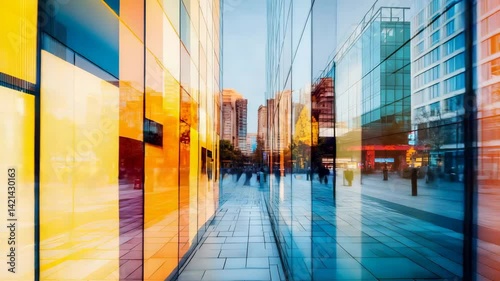 People Walking Along a City Street Reflected in Building Windows