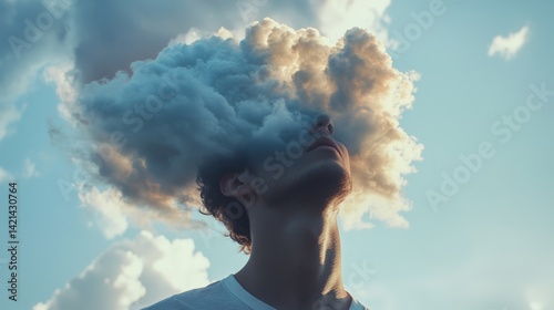 Surreal concept of daydreaming and imagination with clouds surrounding a person's head