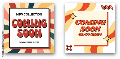 Retro Styled Coming Soon Announcement Graphics for Marketing and Promotion