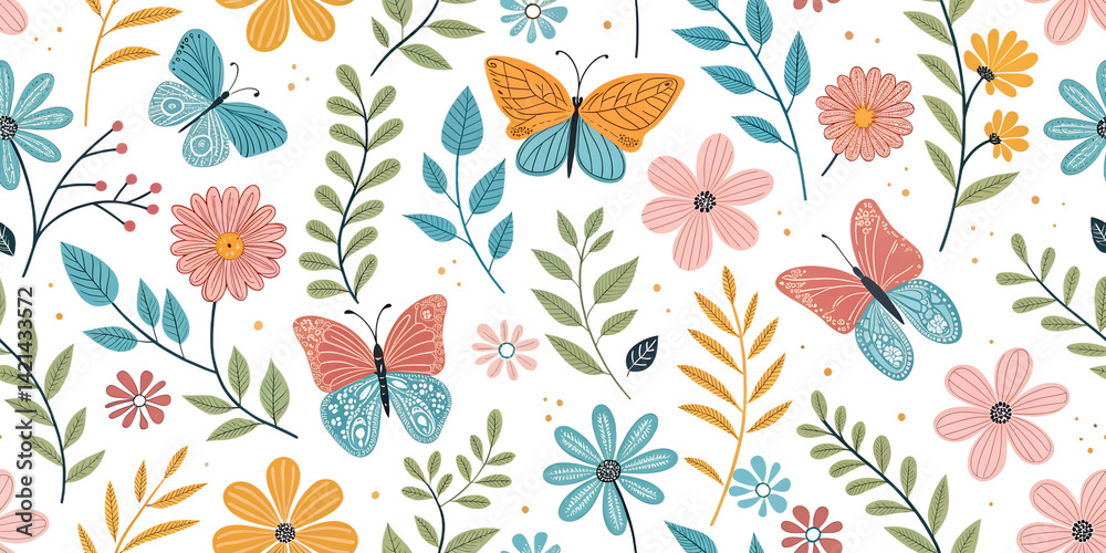 Butterfly and Flower Pattern Illustration - Whimsical Spring Design Butterfly and Flower Pattern Illustration - Whimsical Spring Design