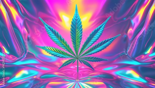 Iridescent cannabis leaf, vibrant neon colors, holographic effect, rainbow metallic texture, psychedelic art, detailed veins, symmetrical design, gradient background, pink and purple hues, 3D renderin