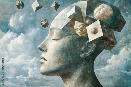 Surreal psyche exploration with floating cubes and dreamlike clouds