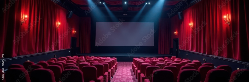 Fototapeta premium Darkened cinema hall with worn velvet curtains and flickering projector light , grunge, projector, atmosphere