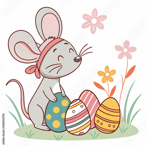 Easter Mouse with Bunny Ears and Painted Eggs
