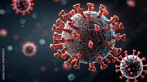 Virus exposure concept. A detailed render of a virus sphere, with red spike proteins protruding from a dark, textured surface, set against a blurred background of floating virus particles
