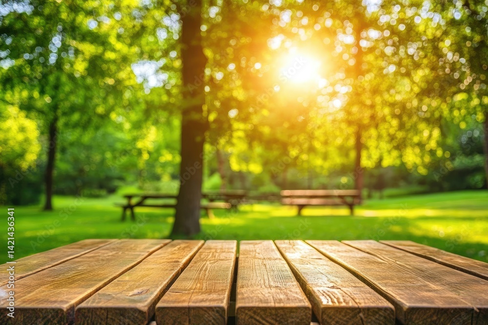 Wooden picnic table in park, sunny day Wooden picnic table in park, sunny day