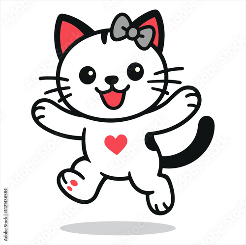  Happy Cat with Heart and Bow Vector Illustration