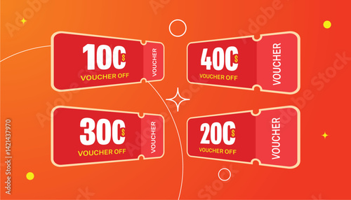 3d coupons set. Vouchers with patterns in different colors. Vector illustration isolated on a orange background