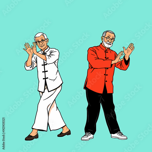 Elderly couple practicing tai chi, symbolizes active longevity.
