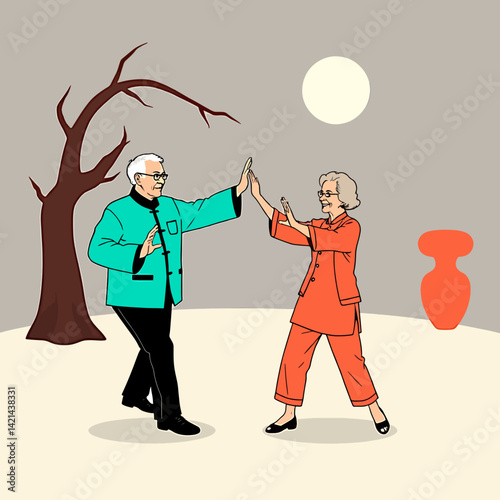 Elderly couple practicing tai chi, symbolizes active longevity.